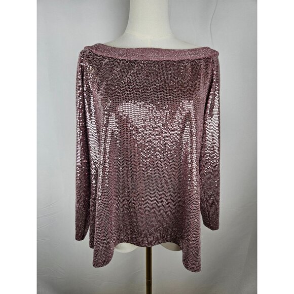 Clara SunWoo Top XL Rose Pink Shimmer Stretch Sequin Boat Neck Party Evening - Picture 2 of 10